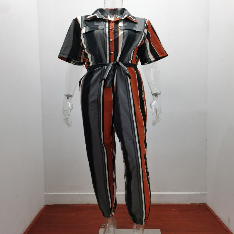 Your statement jumpsuit with buttoned lapels and printed belt!